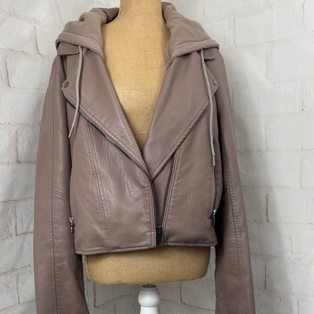Blank NYC Mauve Faux Leather Hooded Moto Jacket with Detachable Hood